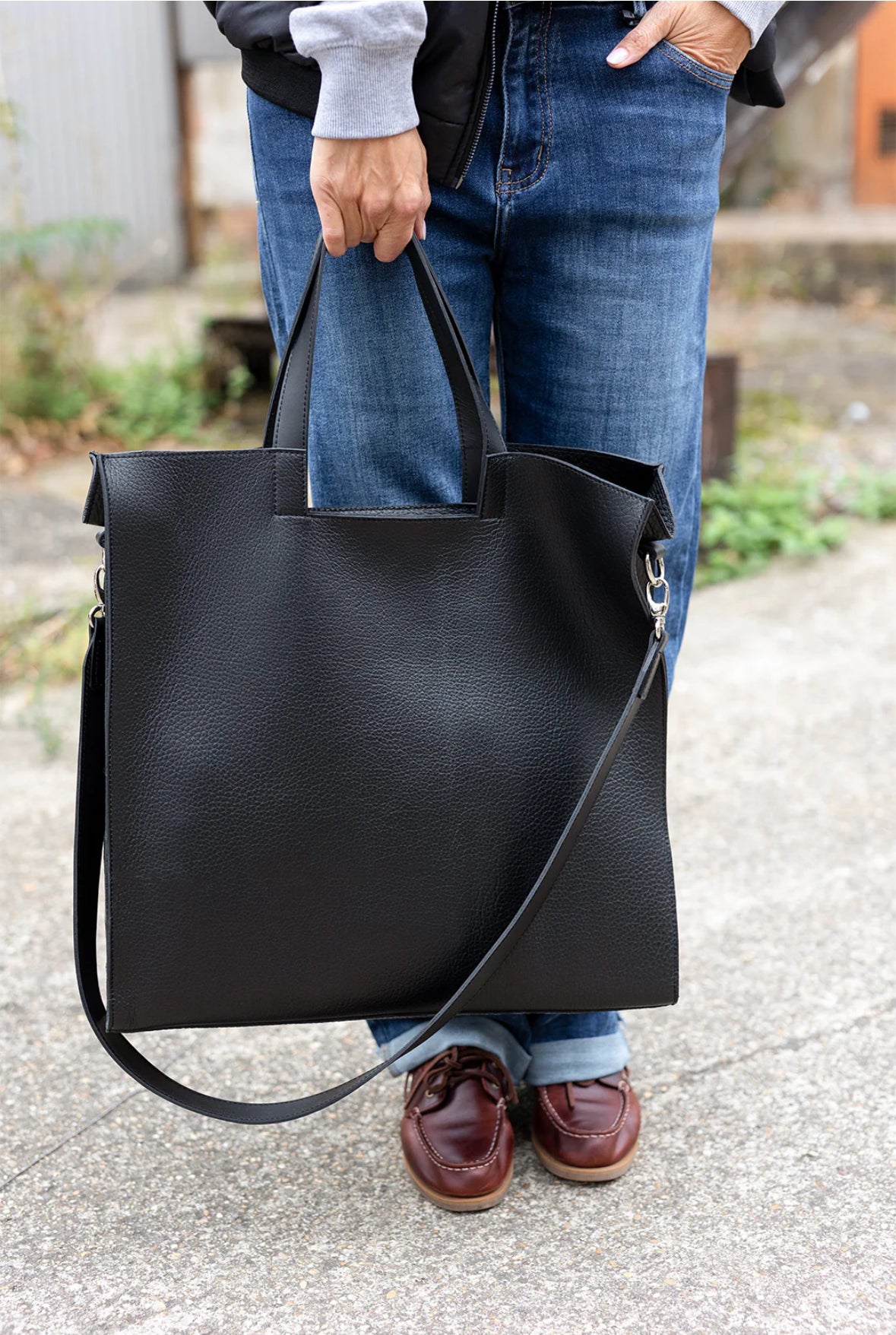 Premium black leather shopper bag